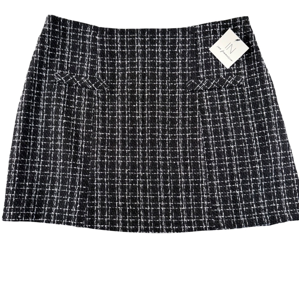 IN San Francisco Tweed Plaid Mini Skirt Dark Academia Women XL Black White